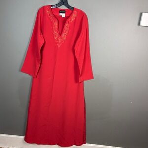 Natori Kaftan Maxi Dress Small Asian Red Embroidered VTG Neiman Marcus Boho